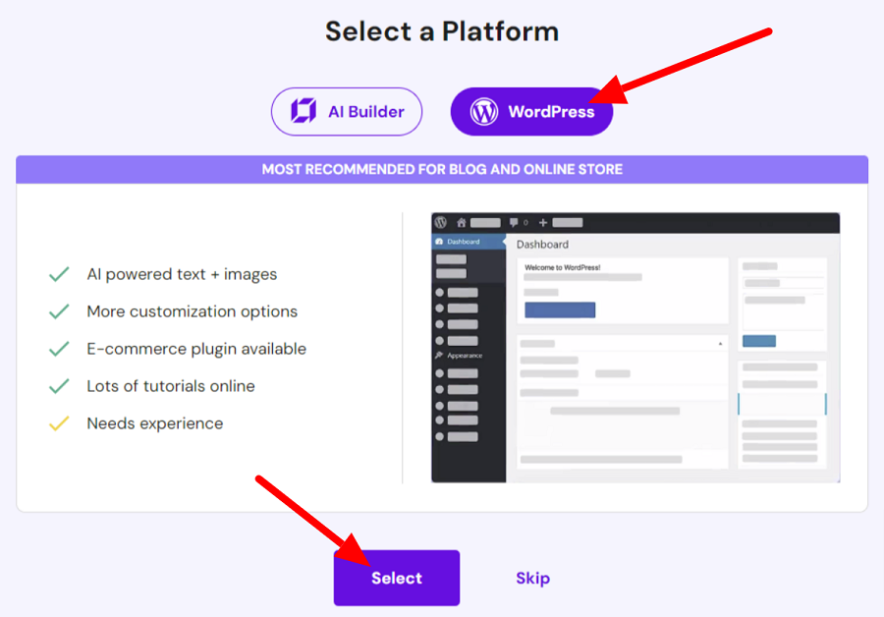 select a wordpress platform instead of ai builder approach