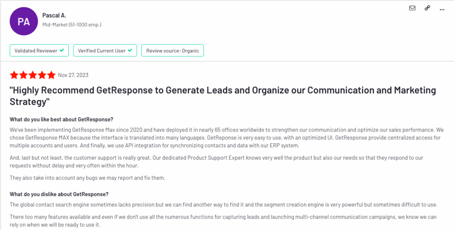 Pascal A Getresponse review on g2